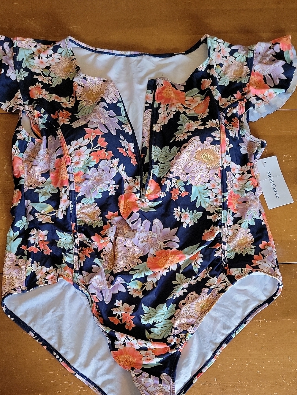 Floral One-Piece Zip Front Swimsuit - Navy with Floral Pattern Size 4X NWT